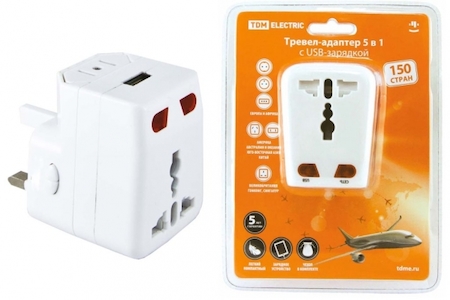 TDM ELECTRIC SQ1806-0044 Тревел-адаптер 100-250В 3A (5 в 1) c USB-зарядкой 1000мА белый TDM